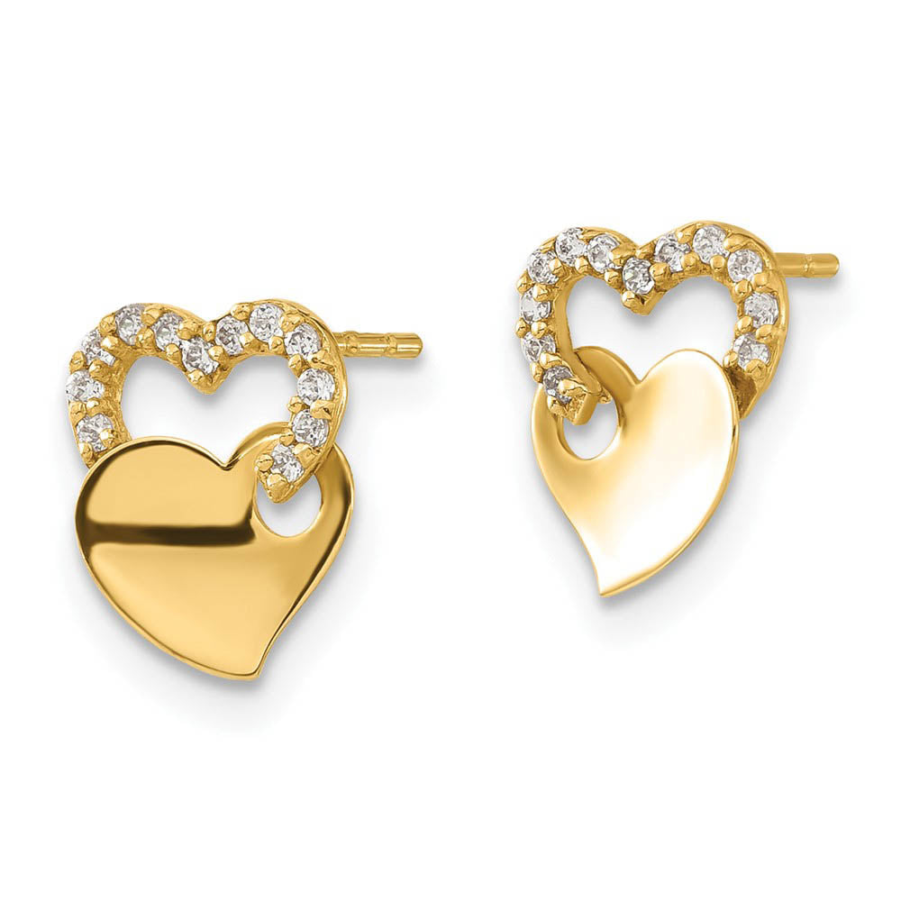 Alternate view of the Kids Cubic Zirconia Double Heart Post Earrings in 14k Yellow Gold by The Black Bow Jewelry Co.