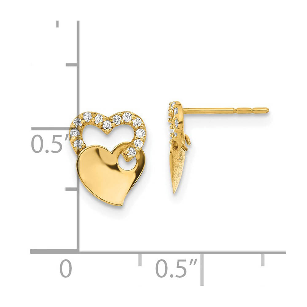Alternate view of the Kids Cubic Zirconia Double Heart Post Earrings in 14k Yellow Gold by The Black Bow Jewelry Co.