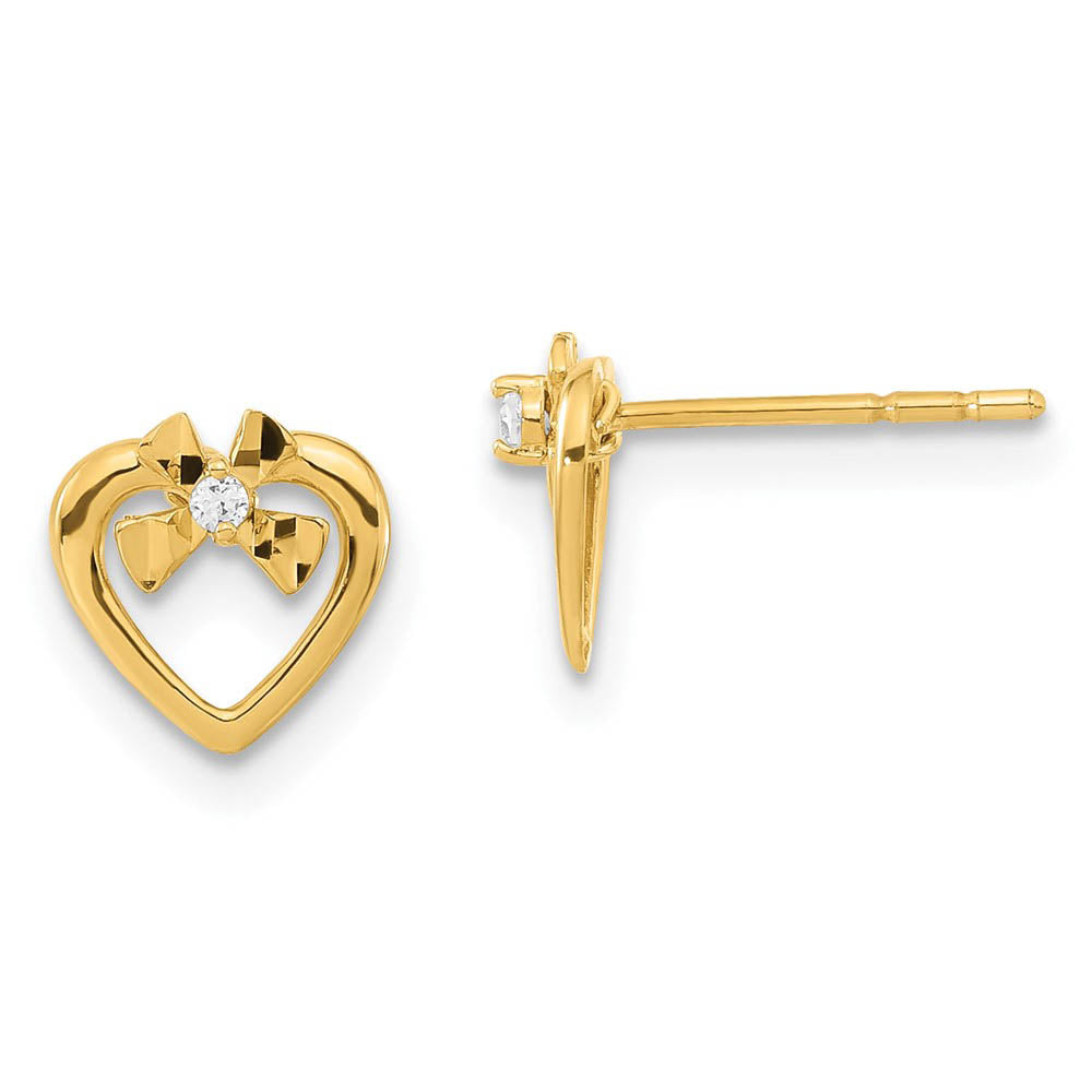 Kids 7mm Heart and Cubic Zirconia Bow Post Earrings in 14k Yellow Gold, Item E10401 by The Black Bow Jewelry Co.