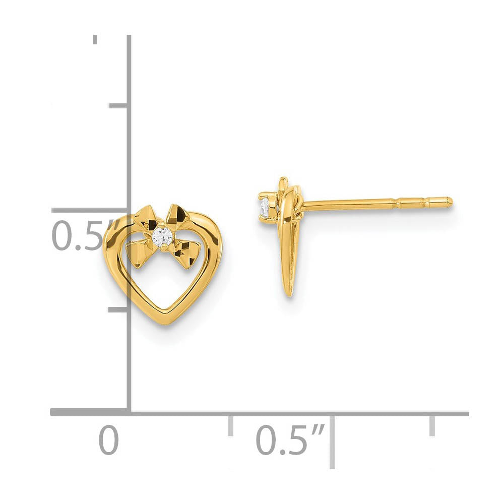 Alternate view of the Kids 7mm Heart and Cubic Zirconia Bow Post Earrings in 14k Yellow Gold by The Black Bow Jewelry Co.