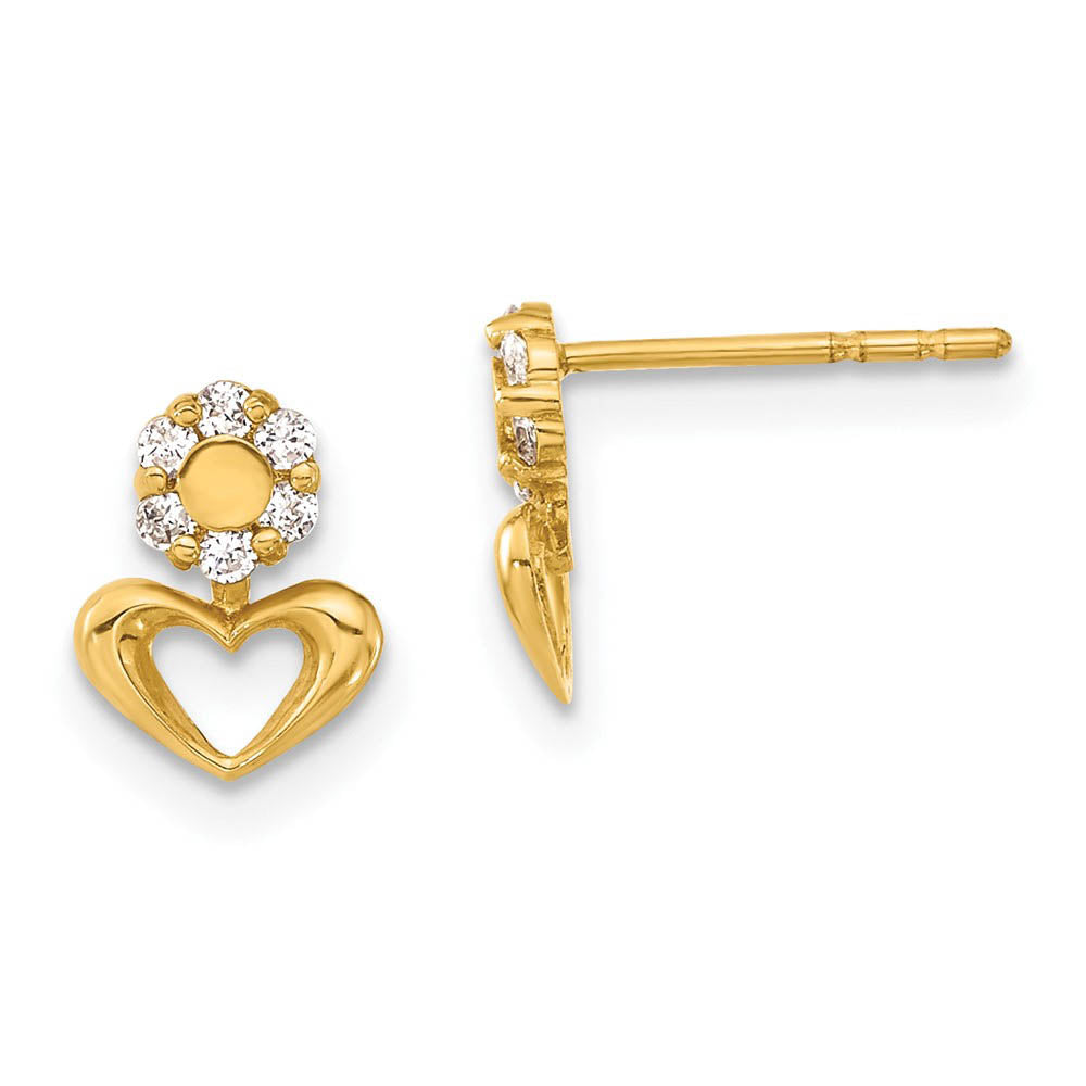 Kids Small Cubic Zirconia Halo Heart Post Earrings in 14k Yellow Gold, Item E10402 by The Black Bow Jewelry Co.