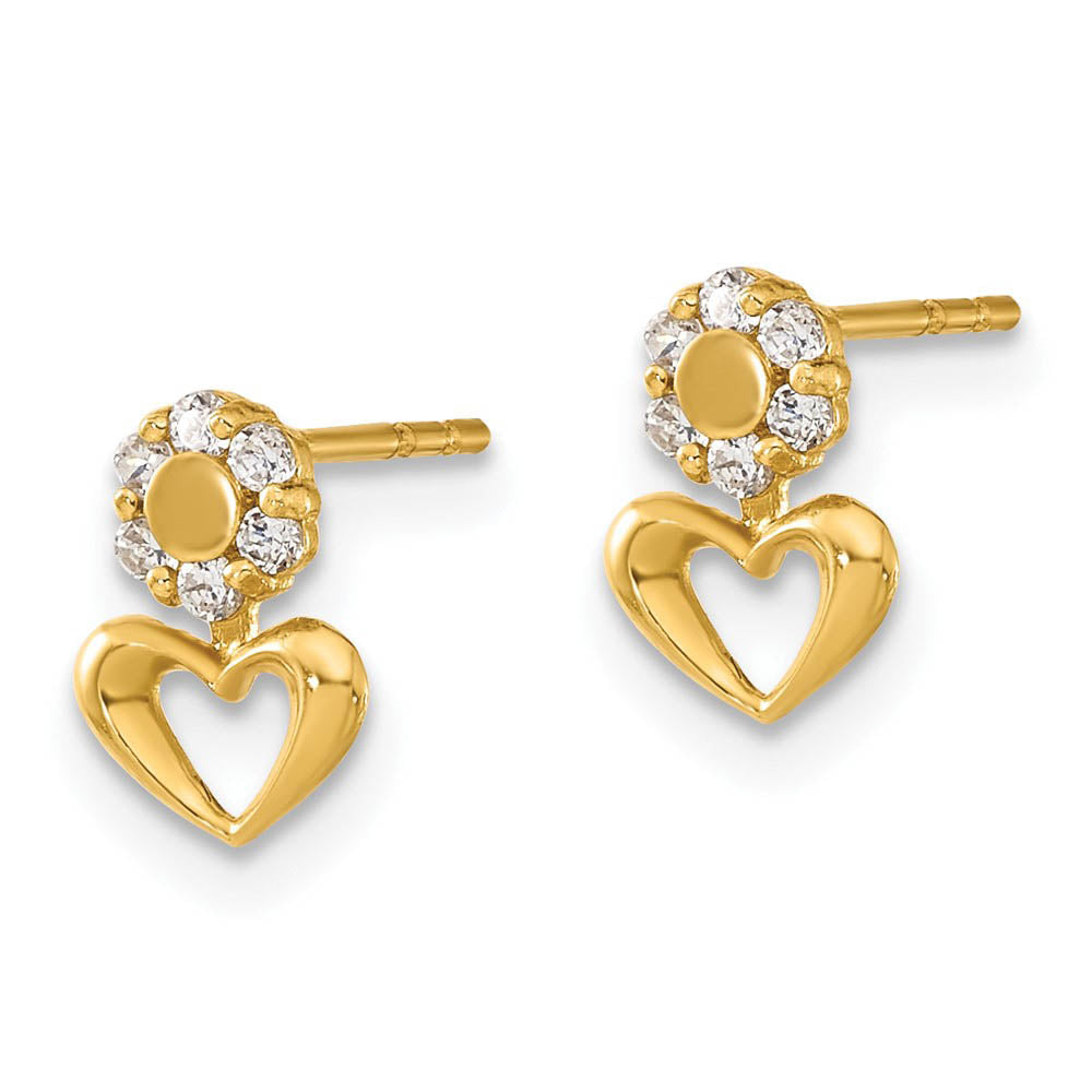 Alternate view of the Kids Small Cubic Zirconia Halo Heart Post Earrings in 14k Yellow Gold by The Black Bow Jewelry Co.