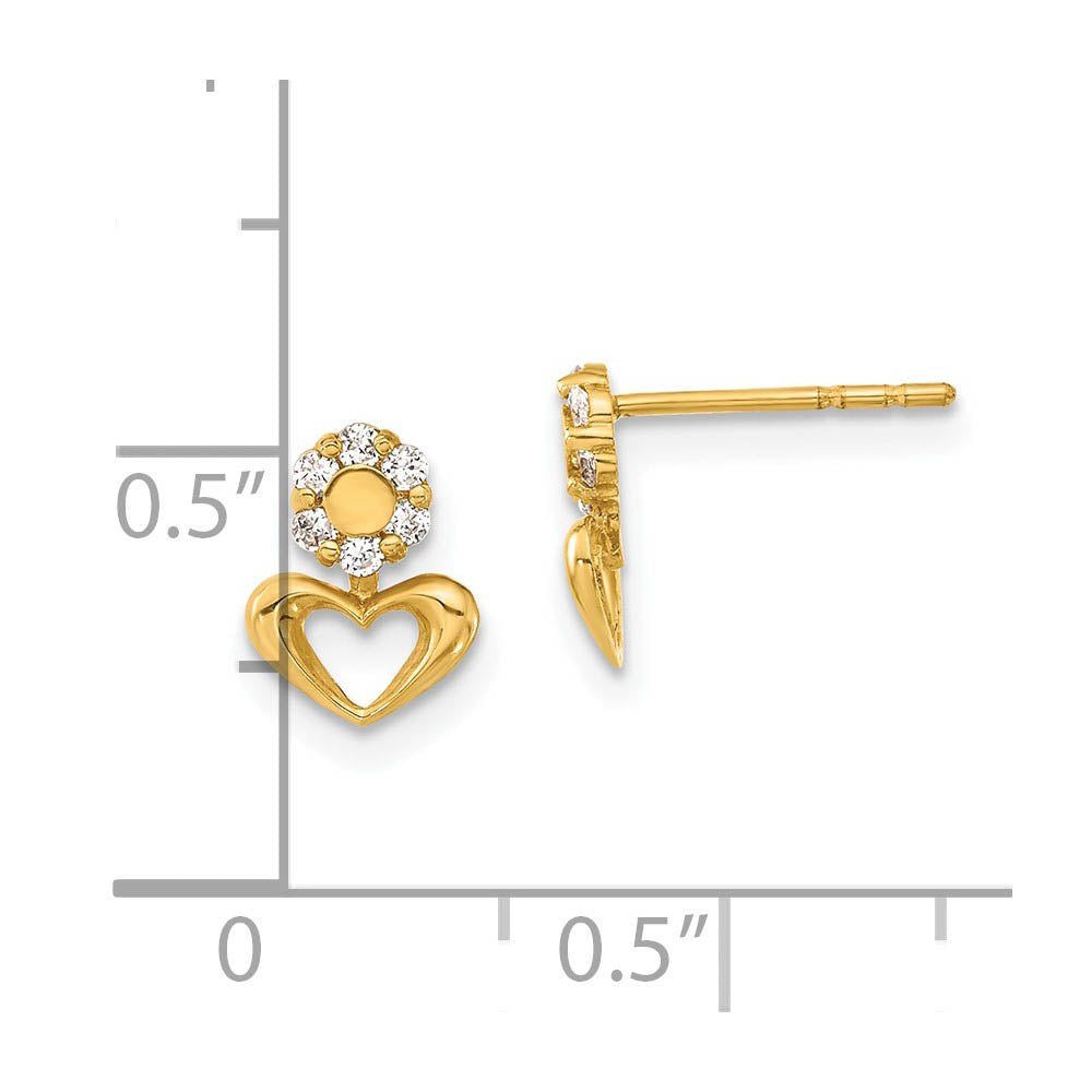 Alternate view of the Kids Small Cubic Zirconia Halo Heart Post Earrings in 14k Yellow Gold by The Black Bow Jewelry Co.