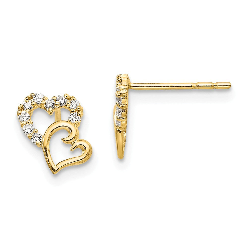 Kids 14k Yellow Gold &amp; CZ 7mm Double Heart Post Earrings, Item E10405 by The Black Bow Jewelry Co.