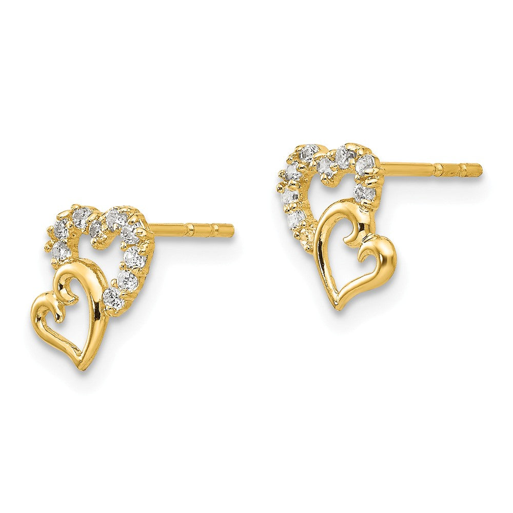 Alternate view of the Kids 14k Yellow Gold &amp; CZ 7mm Double Heart Post Earrings by The Black Bow Jewelry Co.