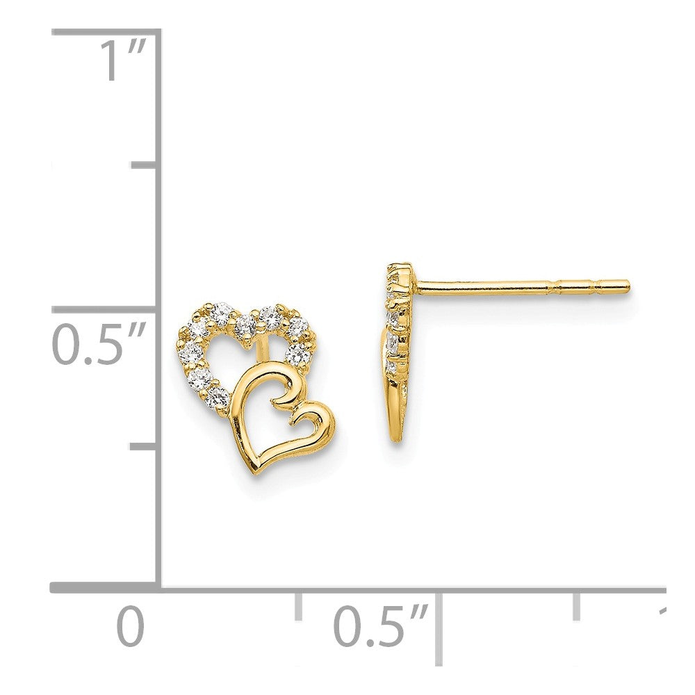 Alternate view of the Kids 14k Yellow Gold &amp; CZ 7mm Double Heart Post Earrings by The Black Bow Jewelry Co.