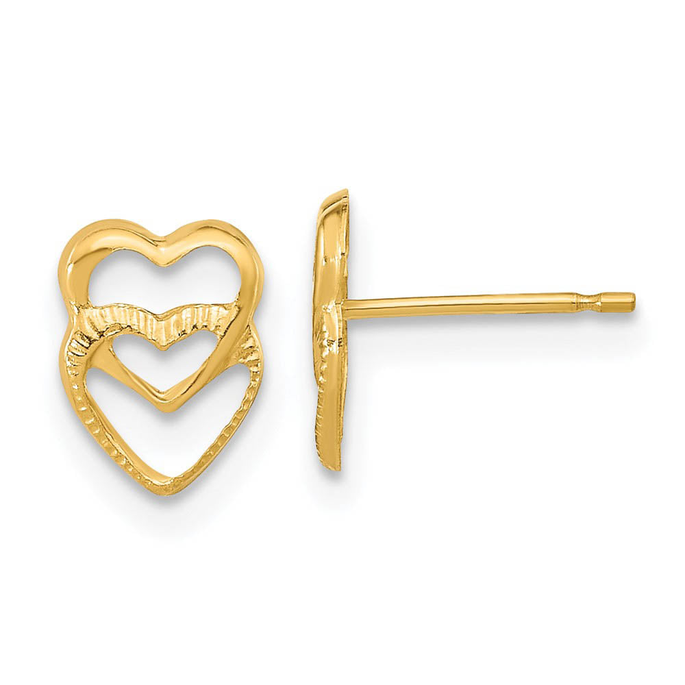 Kids Small Stacked Open Hearts Post Earrings in 14k Yellow Gold, Item E10411 by The Black Bow Jewelry Co.