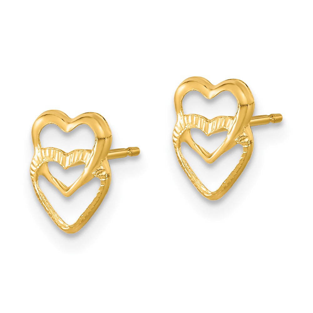 Alternate view of the Kids Small Stacked Open Hearts Post Earrings in 14k Yellow Gold by The Black Bow Jewelry Co.