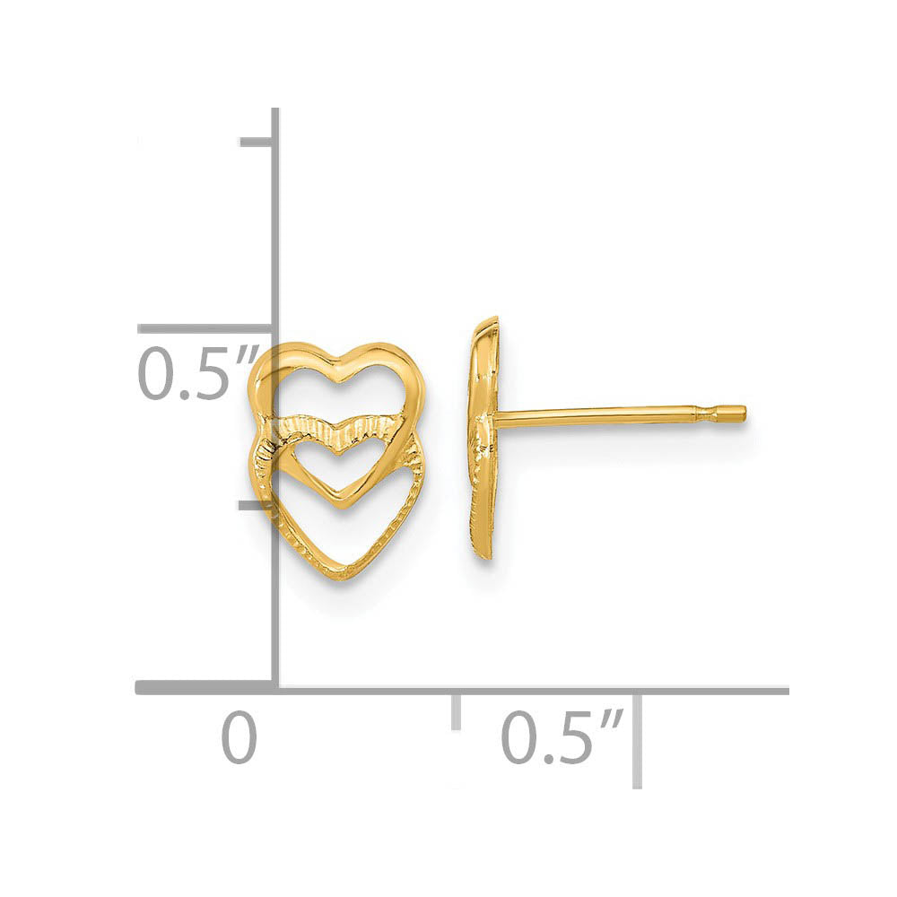 Alternate view of the Kids Small Stacked Open Hearts Post Earrings in 14k Yellow Gold by The Black Bow Jewelry Co.