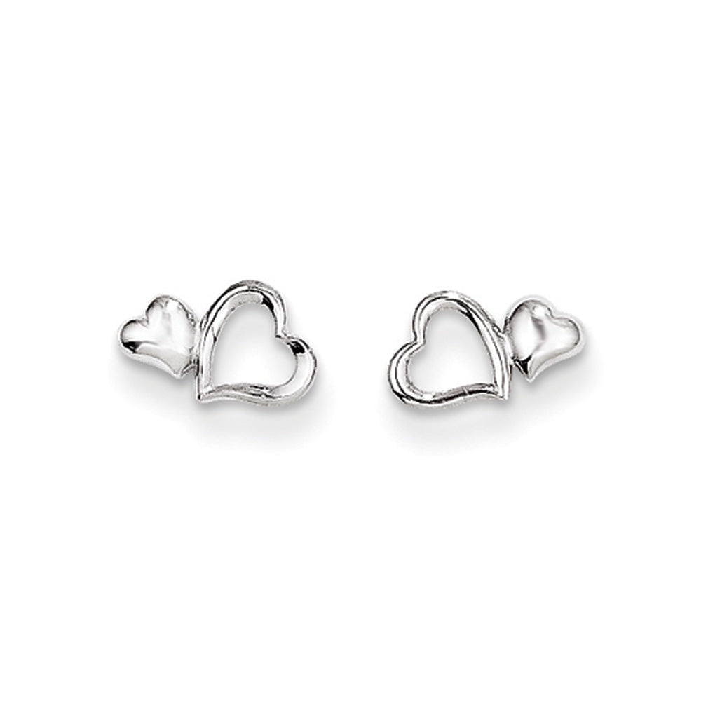 Kids Tiny Double Heart Post Earrings in 14k White Gold, Item E10415 by The Black Bow Jewelry Co.