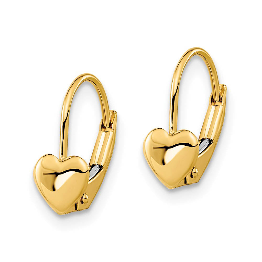 Alternate view of the Kids Polished Heart Lever Back Earrings in 14k Yellow Gold by The Black Bow Jewelry Co.