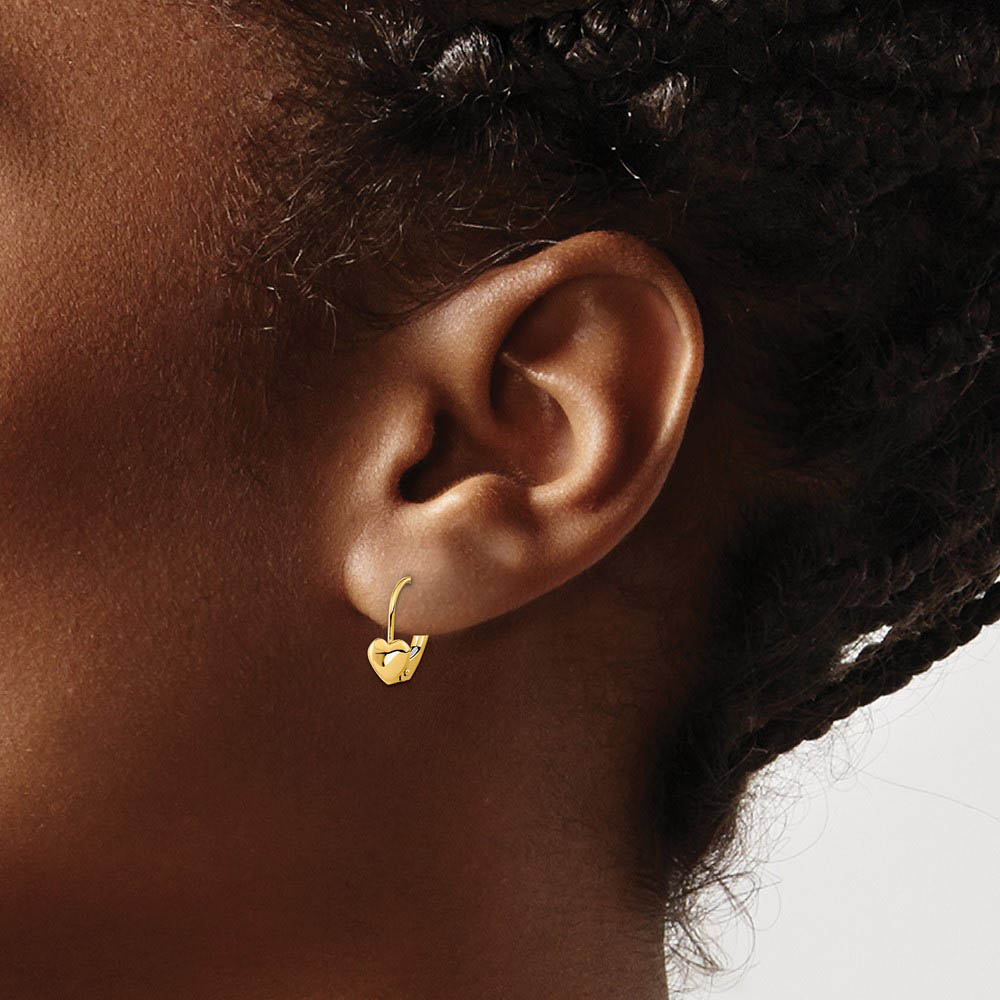 Alternate view of the Kids Polished Heart Lever Back Earrings in 14k Yellow Gold by The Black Bow Jewelry Co.