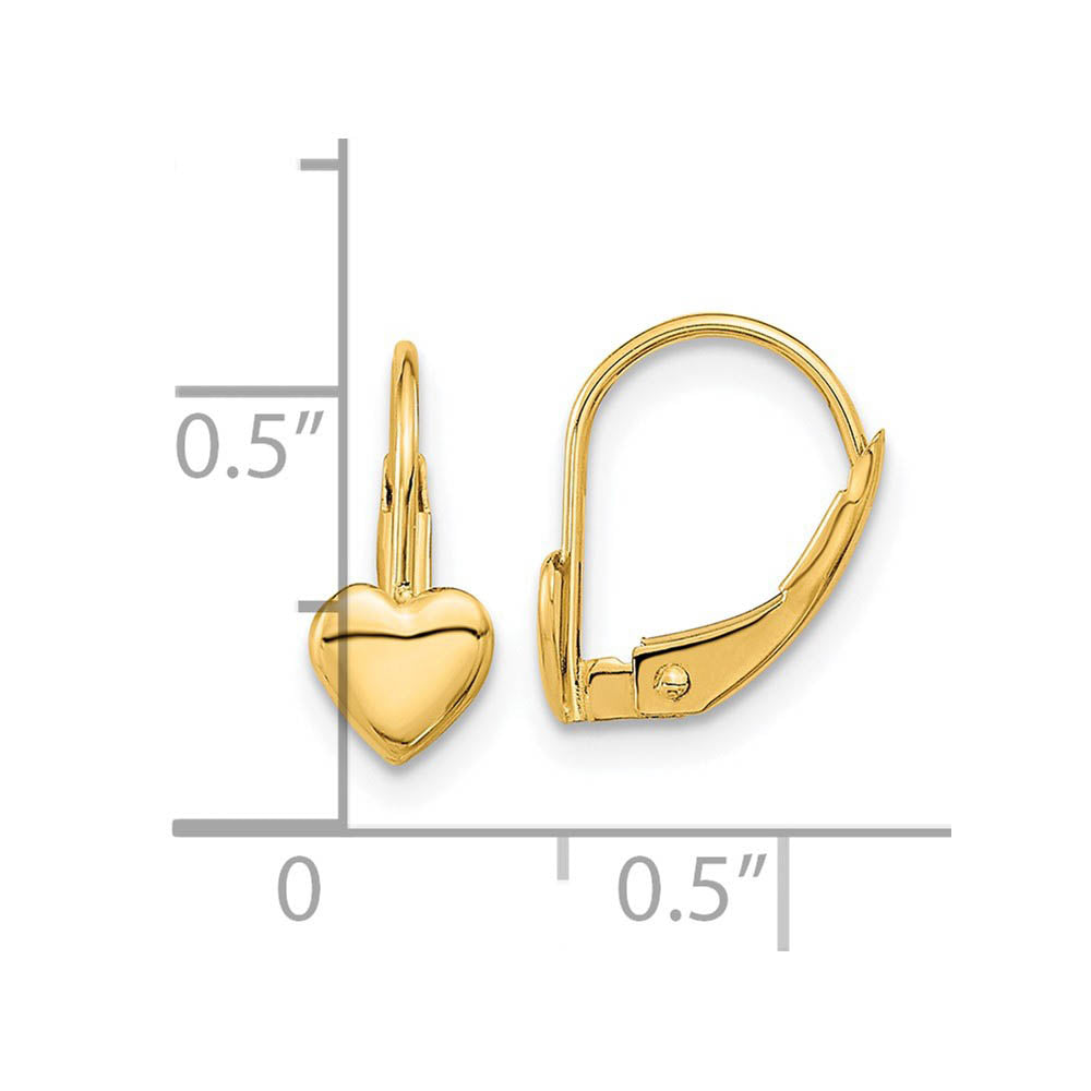 Alternate view of the Kids Polished Heart Lever Back Earrings in 14k Yellow Gold by The Black Bow Jewelry Co.