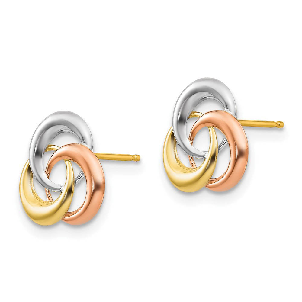 Alternate view of the 9mm 14k Tri-color Gold Love Knot Post Earrings by The Black Bow Jewelry Co.
