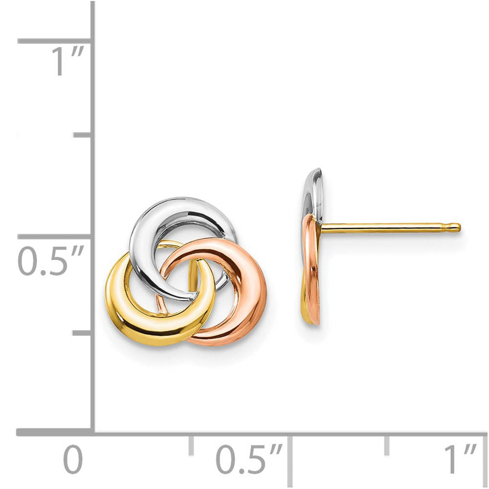 Alternate view of the 9mm 14k Tri-color Gold Love Knot Post Earrings by The Black Bow Jewelry Co.