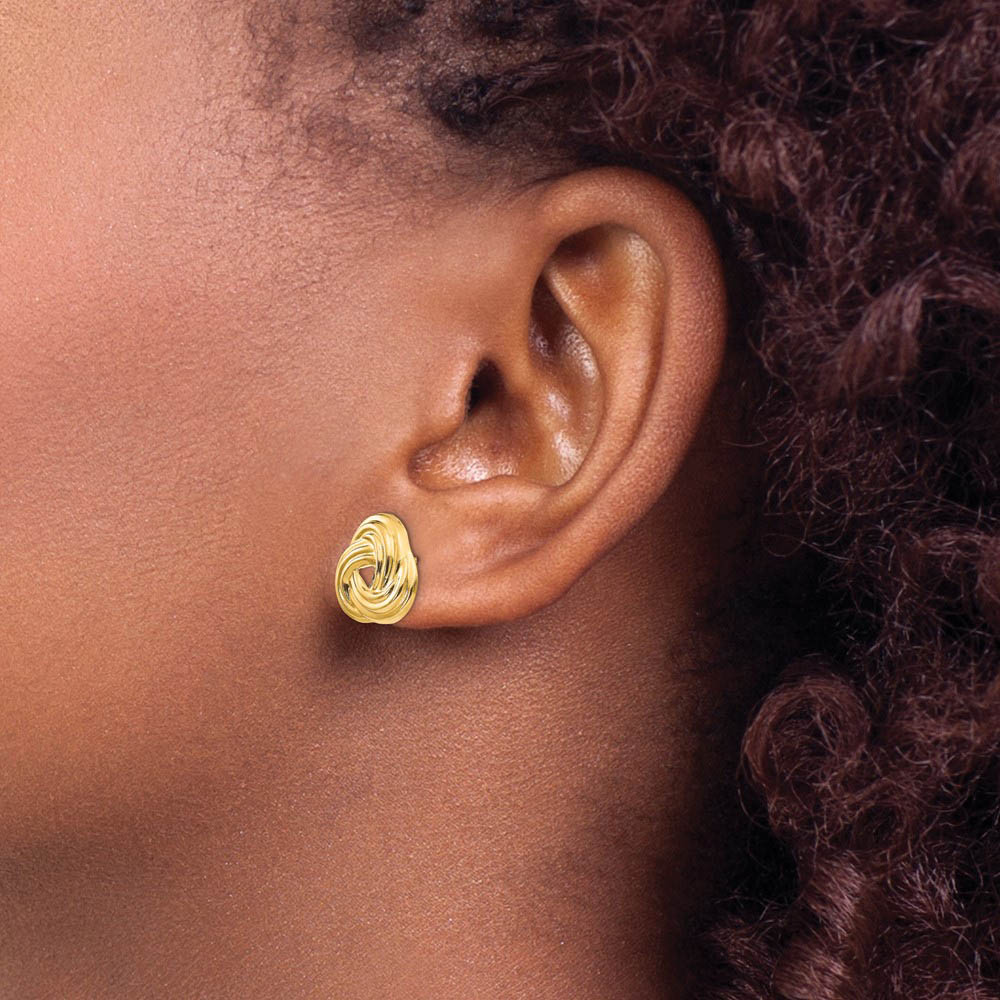 Alternate view of the 13mm Love Knot Post Earrings in 14k Yellow Gold by The Black Bow Jewelry Co.
