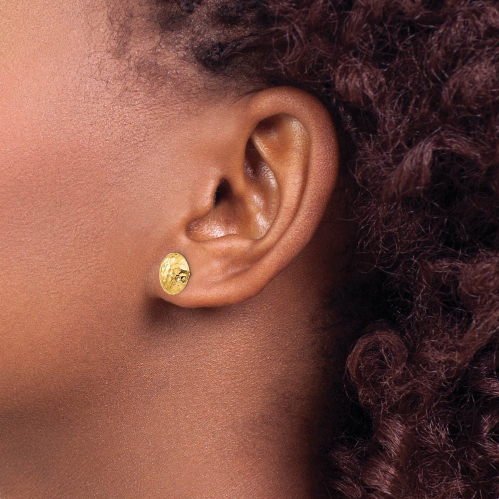 Alternate view of the 9mm Hammered Puffed Round Post Earrings in 14k Yellow Gold by The Black Bow Jewelry Co.