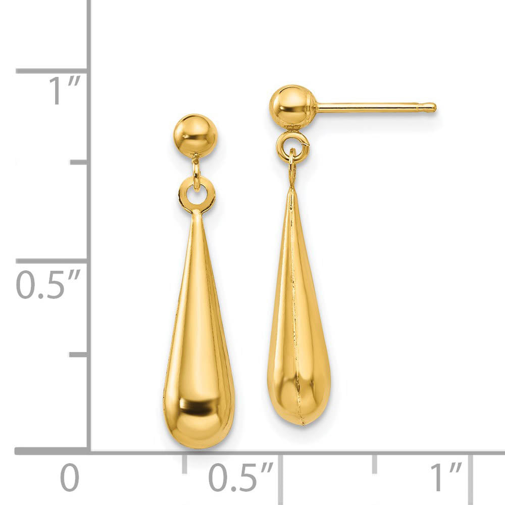 Alternate view of the 3-D Teardrop Dangle Post Earrings in 14k Yellow Gold, 5 x 22mm by The Black Bow Jewelry Co.