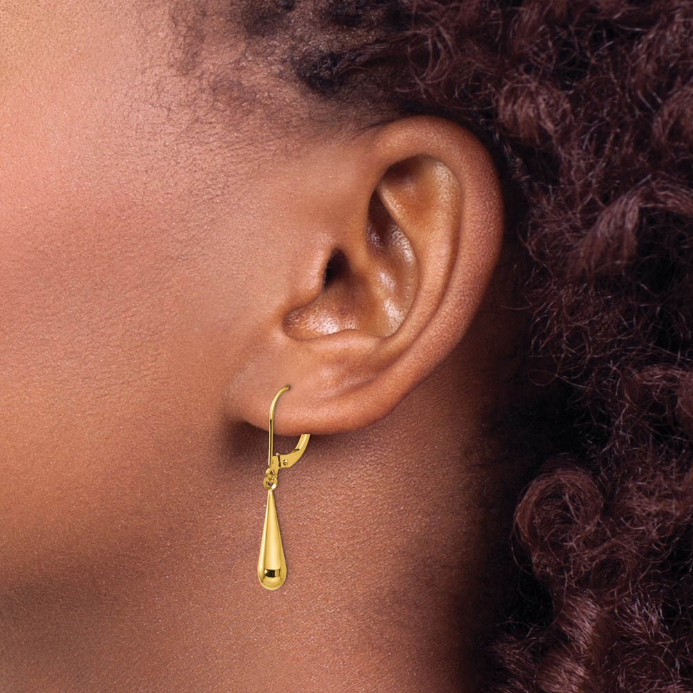 Alternate view of the 3-D Teardrop Lever Back Dangle Earrings in 14k Yellow Gold by The Black Bow Jewelry Co.