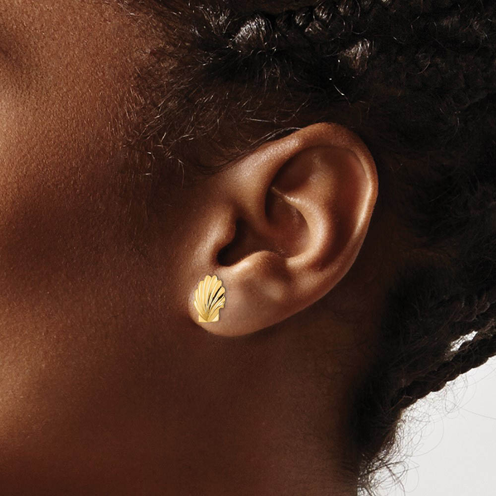 Alternate view of the 10mm Scalloped Seashell Post Earrings in 14k Yellow Gold by The Black Bow Jewelry Co.