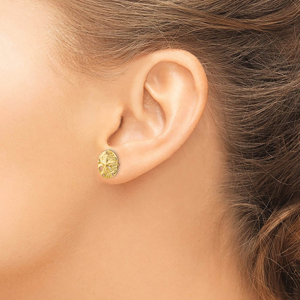 Alternate view of the 11mm Sand Dollar Post Earrings in 14k Yellow Gold by The Black Bow Jewelry Co.