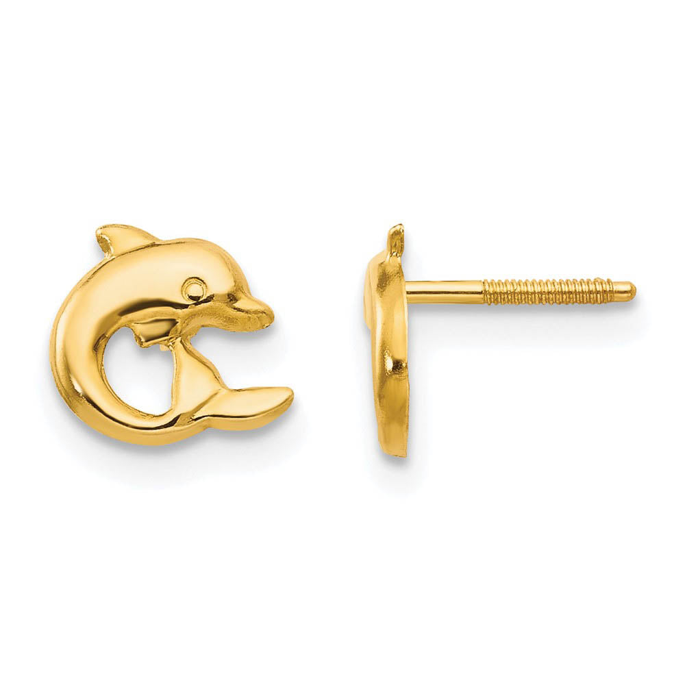 Kids 7mm Dolphin Screw Back Post Earrings in 14k Yellow Gold, Item E10447 by The Black Bow Jewelry Co.