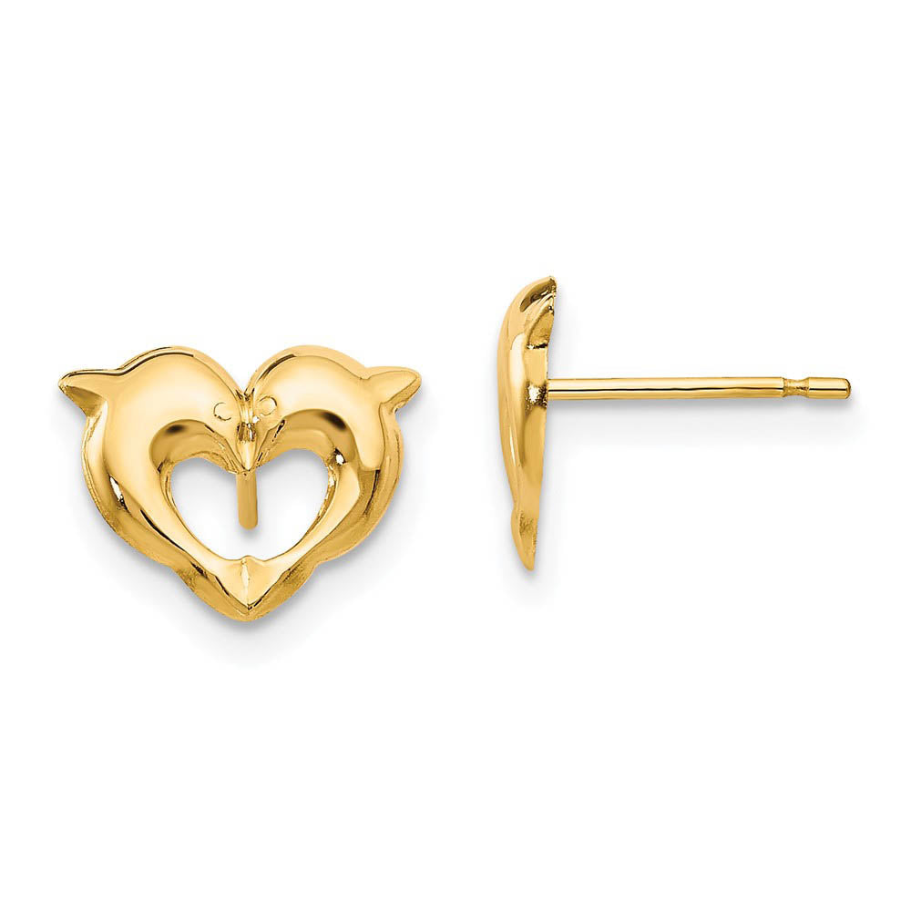 Kids 10mm Heart Shaped Dolphins Post Earrings in 14k Yellow Gold, Item E10452 by The Black Bow Jewelry Co.