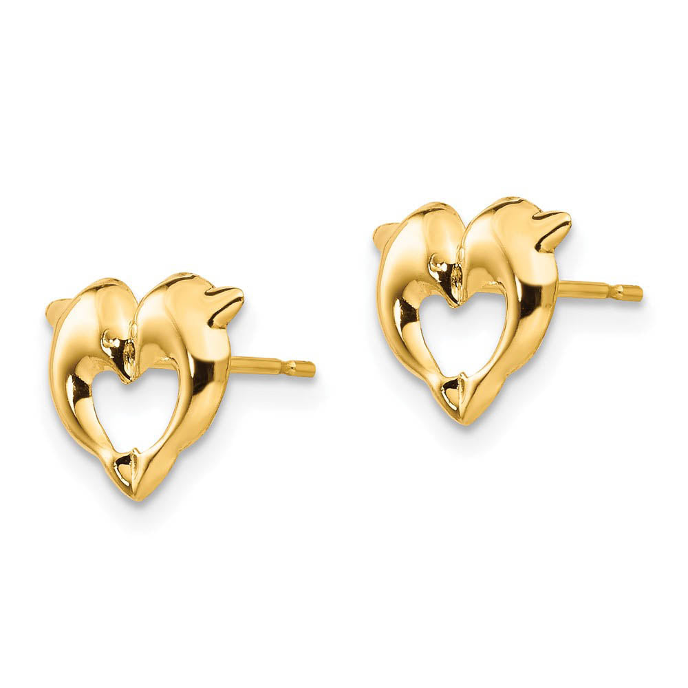 Alternate view of the Kids 10mm Heart Shaped Dolphins Post Earrings in 14k Yellow Gold by The Black Bow Jewelry Co.