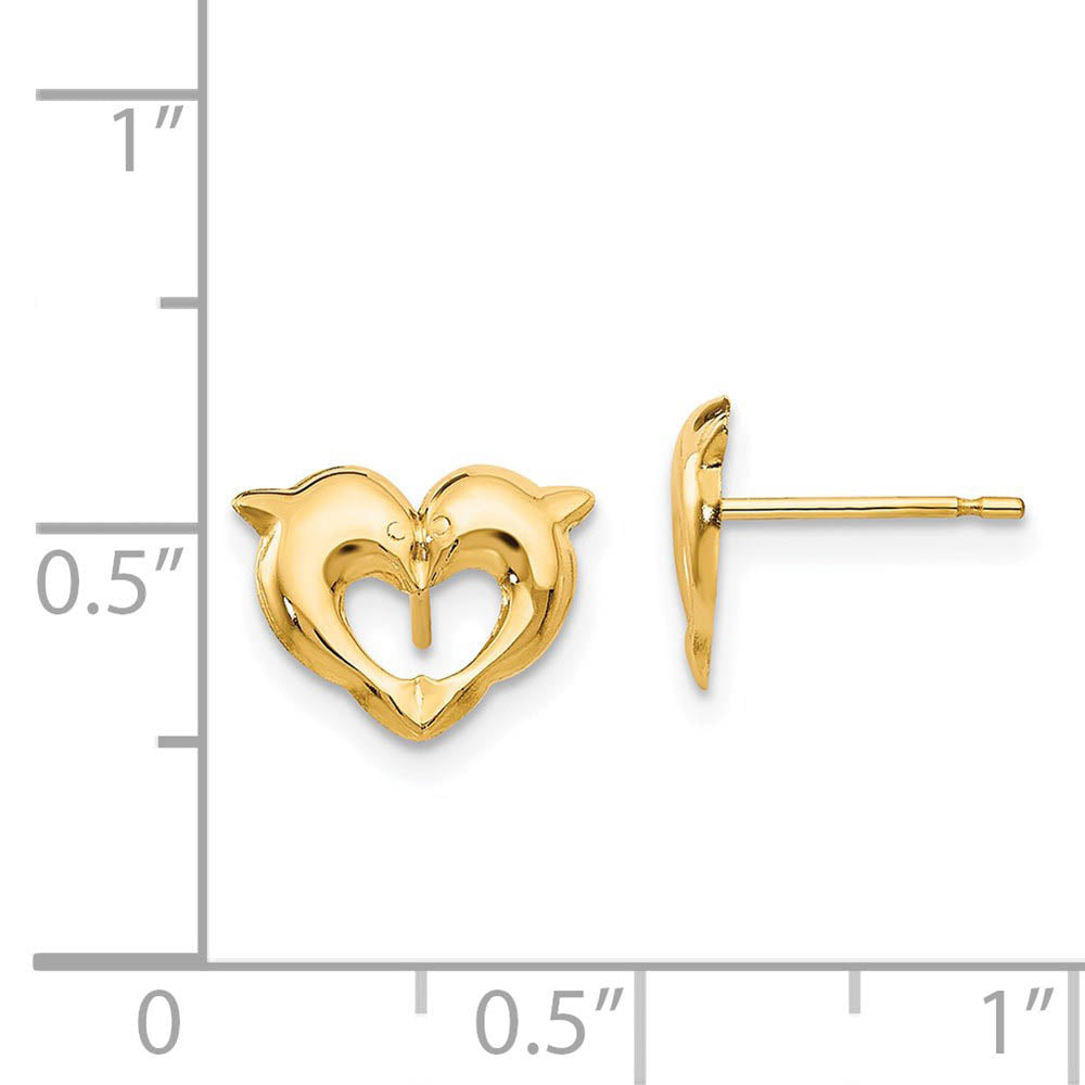 Alternate view of the Kids 10mm Heart Shaped Dolphins Post Earrings in 14k Yellow Gold by The Black Bow Jewelry Co.