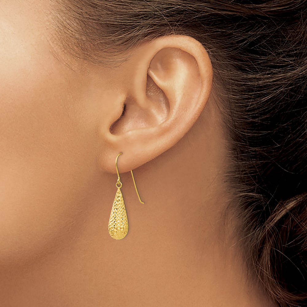 Alternate view of the 20mm Diamond Cut Puffed Teardrop Dangle Earrings in 14k Yellow Gold by The Black Bow Jewelry Co.