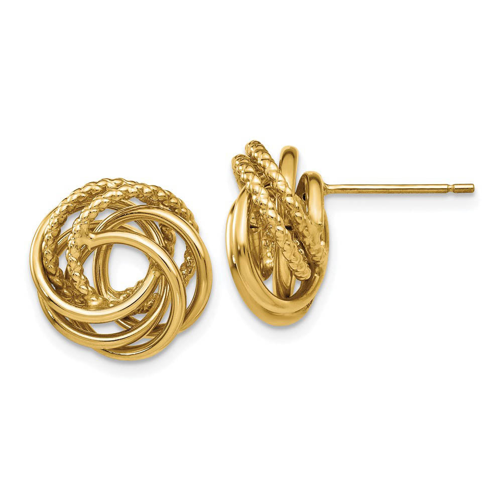 13mm Polished and Textured Love Knot Earrings in 14k Yellow Gold, Item E10516 by The Black Bow Jewelry Co.