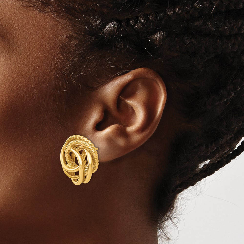 Alternate view of the 13mm Polished and Textured Love Knot Earrings in 14k Yellow Gold by The Black Bow Jewelry Co.