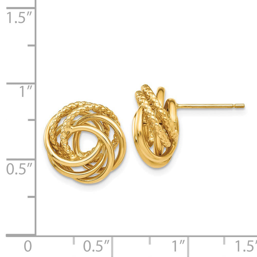 Alternate view of the 13mm Polished and Textured Love Knot Earrings in 14k Yellow Gold by The Black Bow Jewelry Co.