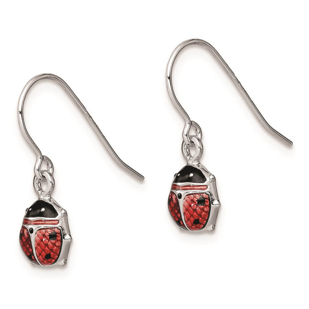 Alternate view of the 7mm Enameled Ladybug Dangle Earrings in Sterling Silver by The Black Bow Jewelry Co.