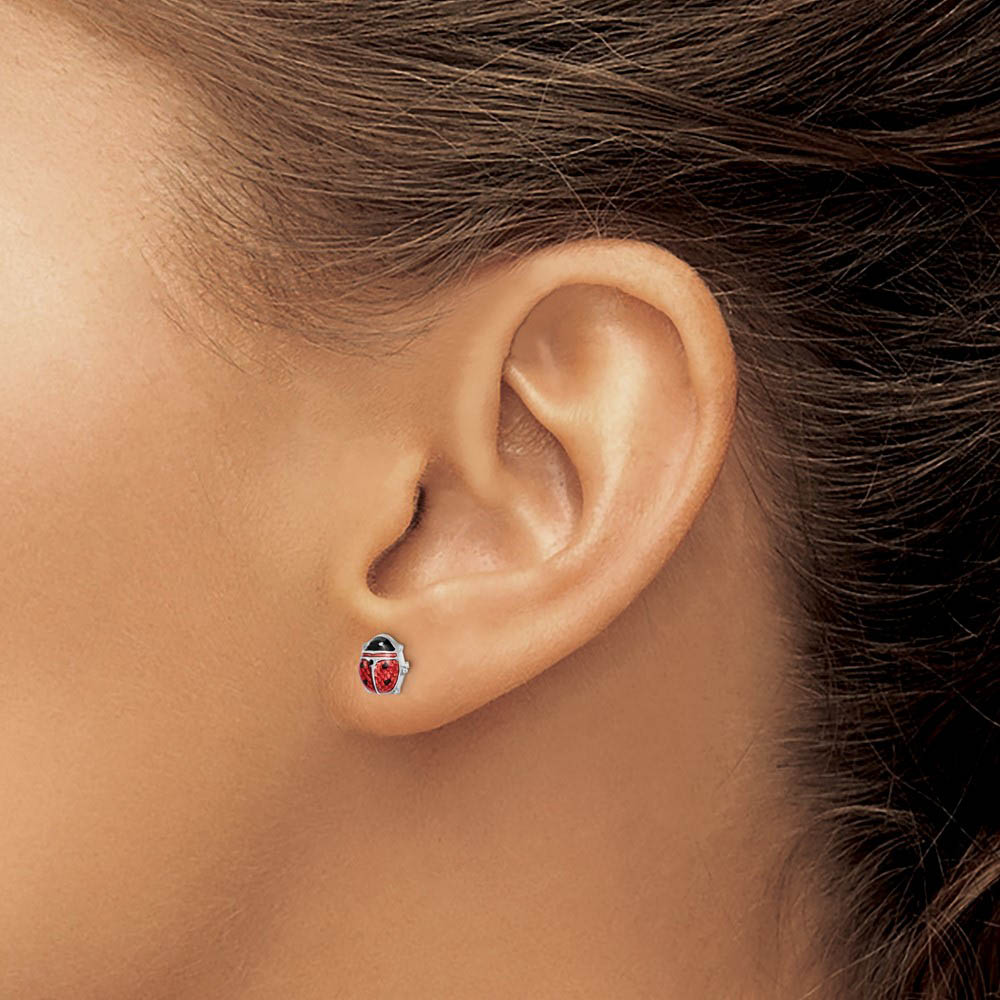 Alternate view of the 7mm Red Ladybug Post Earrings in Sterling Silver and Enamel by The Black Bow Jewelry Co.