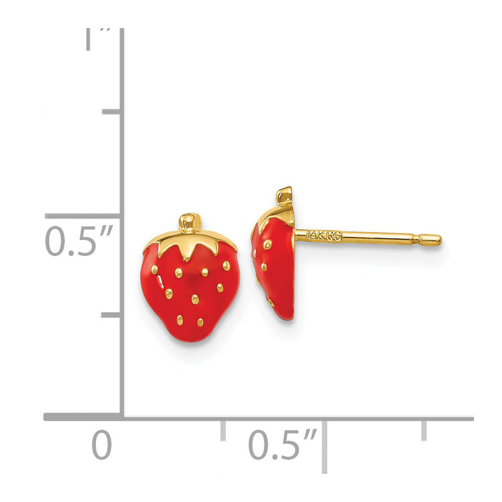 Alternate view of the 8mm Red Strawberry Post Earrings in 14k Yellow Gold and Enamel by The Black Bow Jewelry Co.