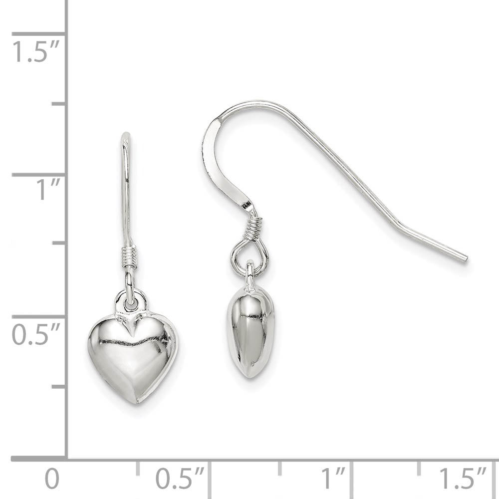 Alternate view of the 8mm Puffed Heart Dangle Earrings in Sterling Silver by The Black Bow Jewelry Co.