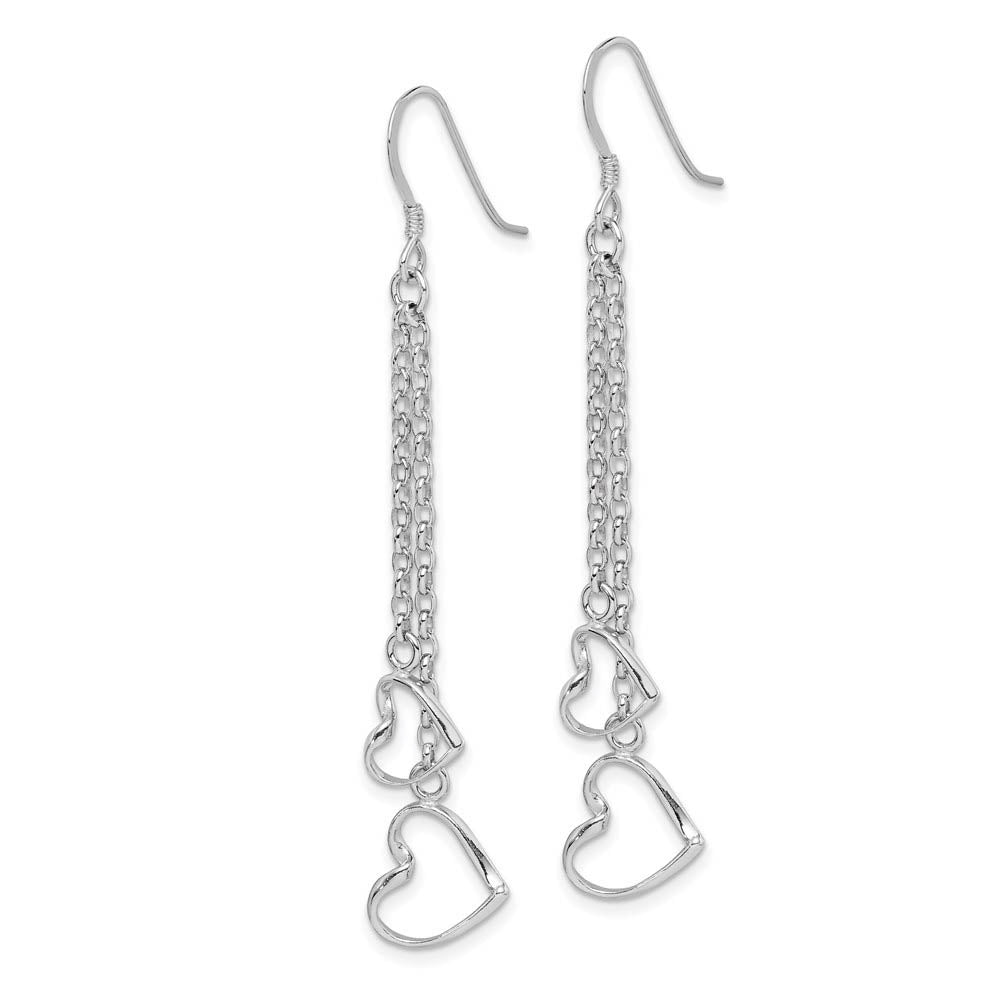 Alternate view of the Double Open Heart Chain Dangle Earrings in Sterling Silver by The Black Bow Jewelry Co.