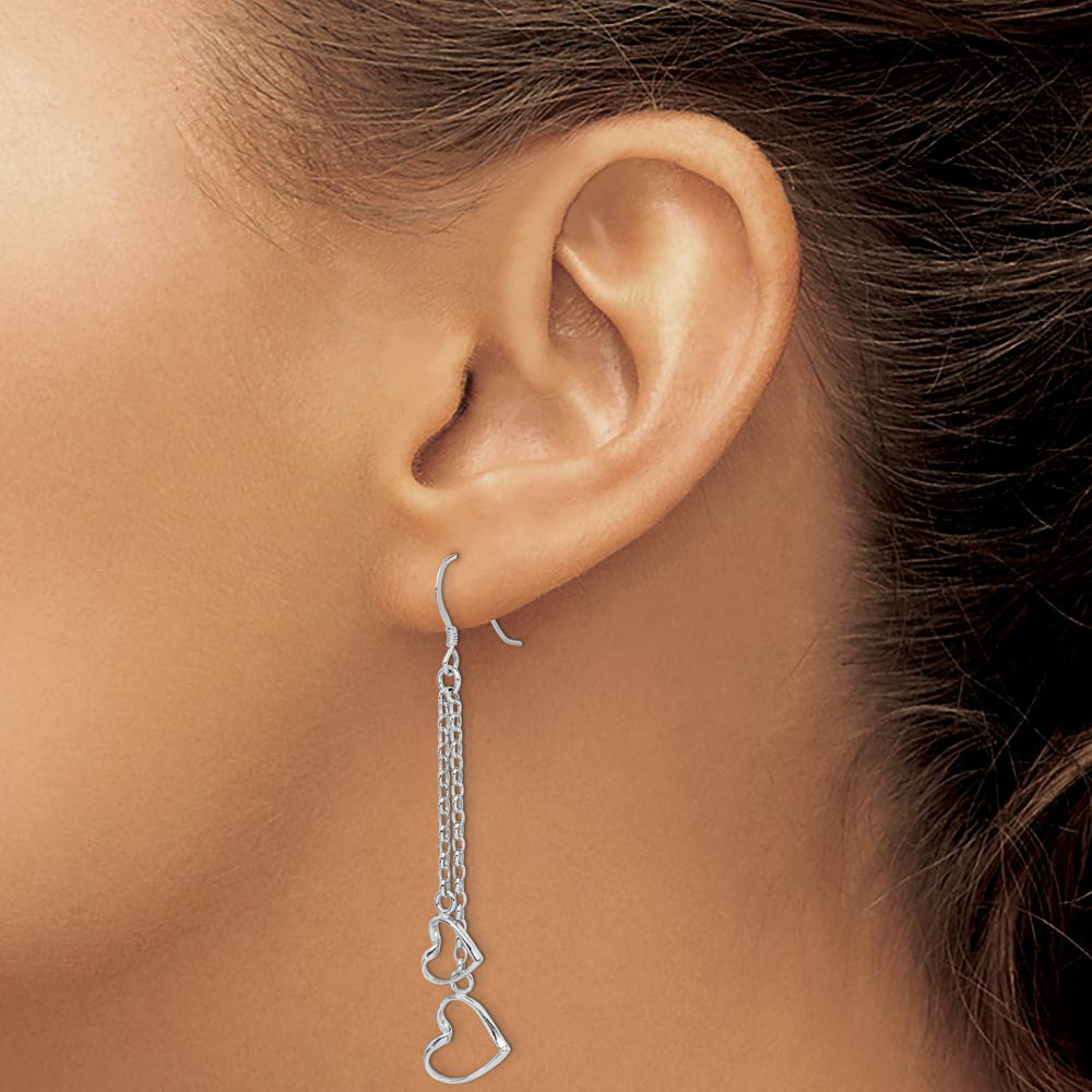 Alternate view of the Double Open Heart Chain Dangle Earrings in Sterling Silver by The Black Bow Jewelry Co.
