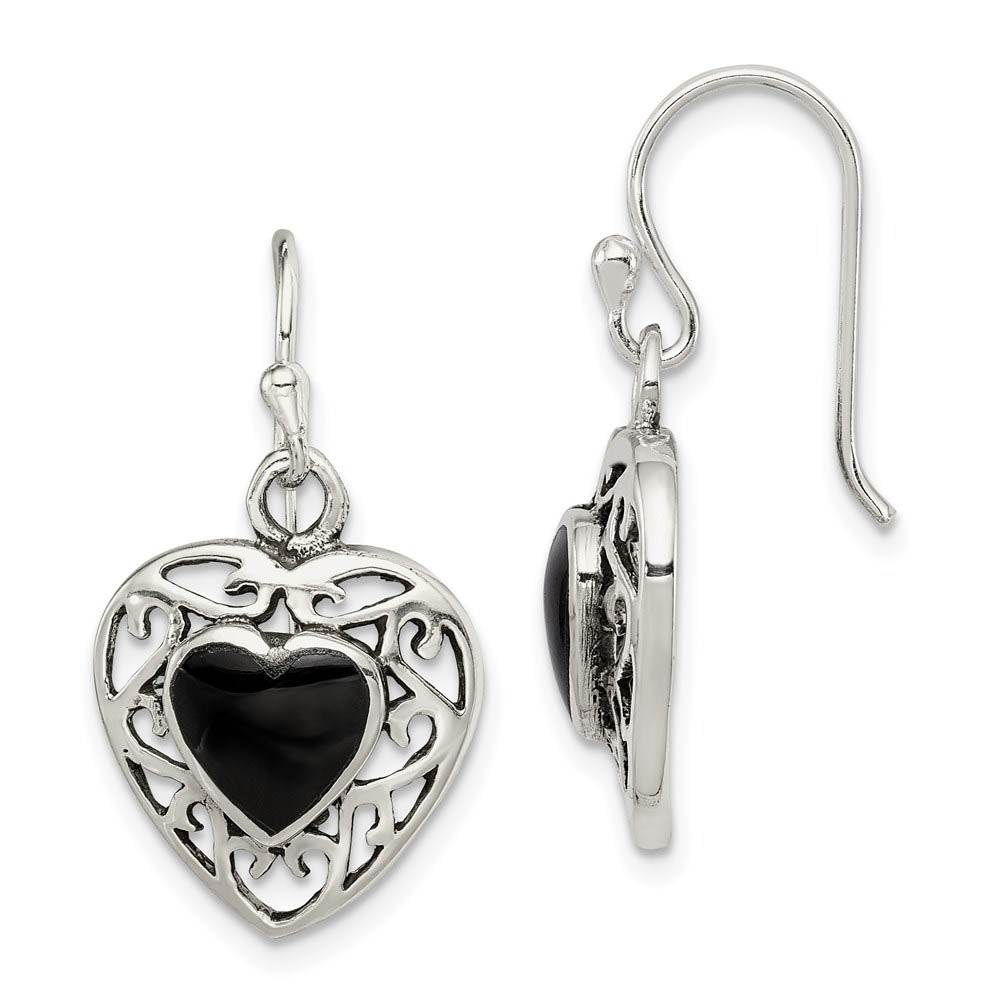 14mm Black Onyx Heart Dangle Earrings in Antiqued Sterling Silver, Item E10605 by The Black Bow Jewelry Co.