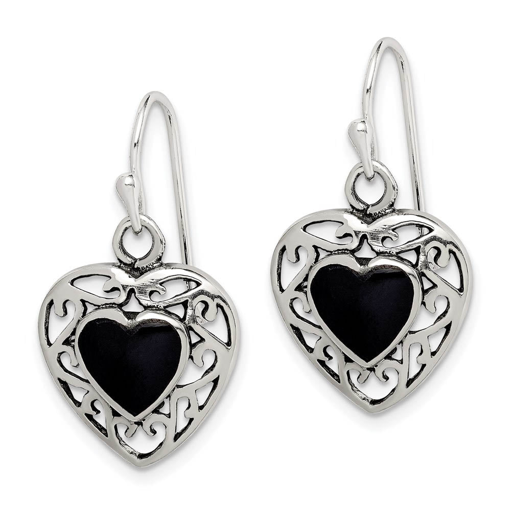 Alternate view of the 14mm Black Onyx Heart Dangle Earrings in Antiqued Sterling Silver by The Black Bow Jewelry Co.