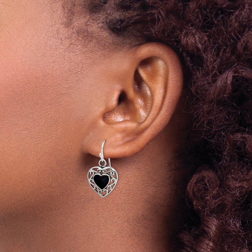 Alternate view of the 14mm Black Onyx Heart Dangle Earrings in Antiqued Sterling Silver by The Black Bow Jewelry Co.