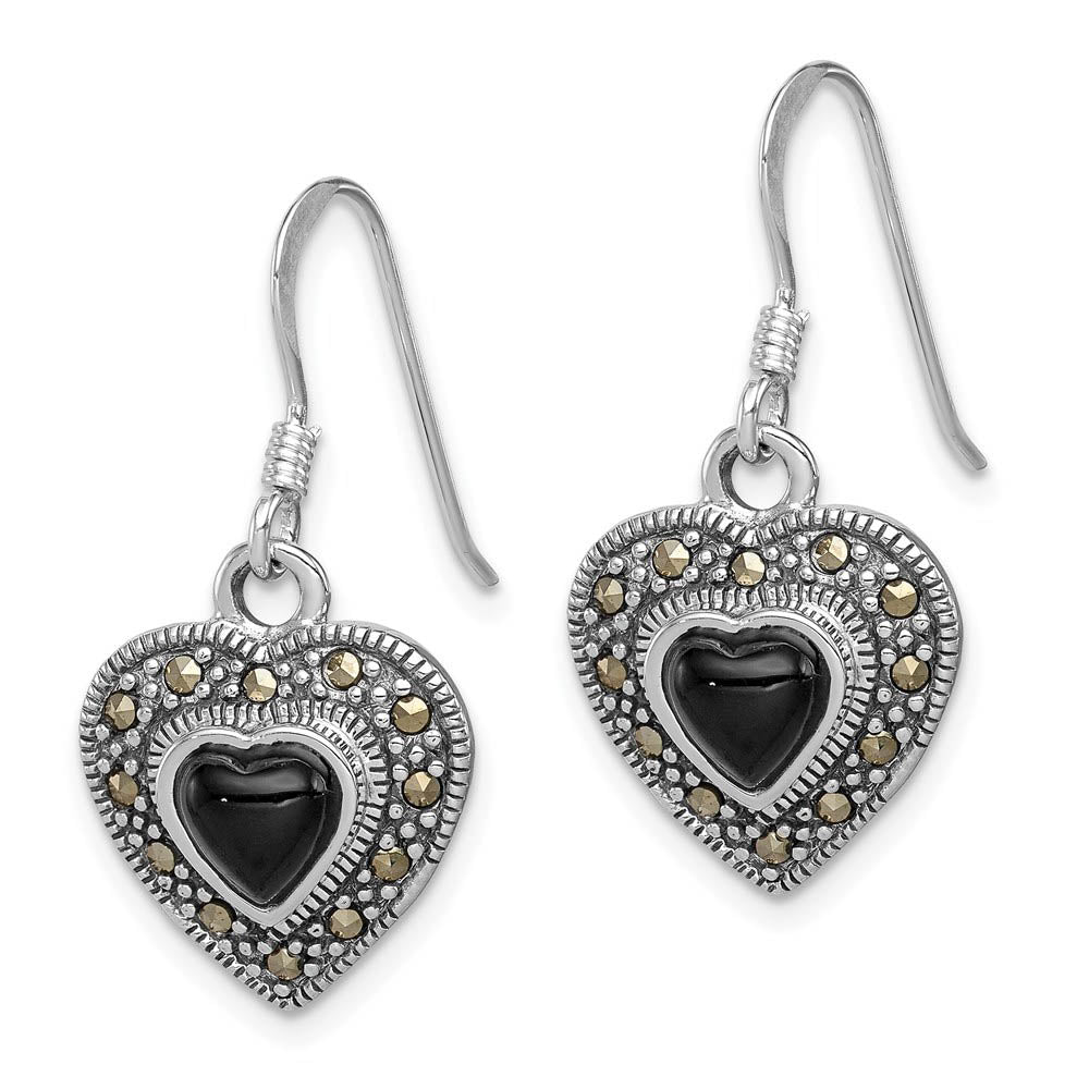 Alternate view of the 13mm Onyx and Marcasite Heart Dangle Earrings in Sterling Silver by The Black Bow Jewelry Co.