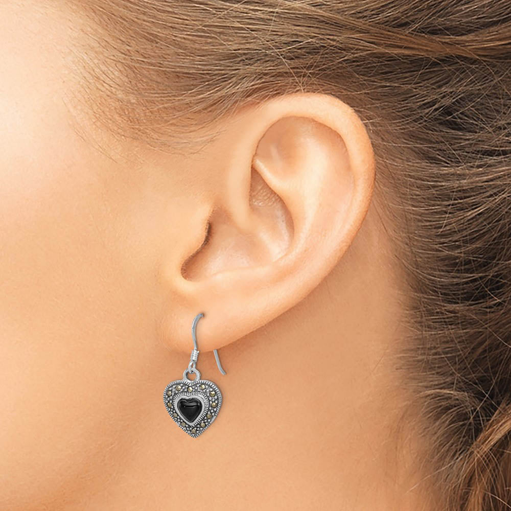 Alternate view of the 13mm Onyx and Marcasite Heart Dangle Earrings in Sterling Silver by The Black Bow Jewelry Co.