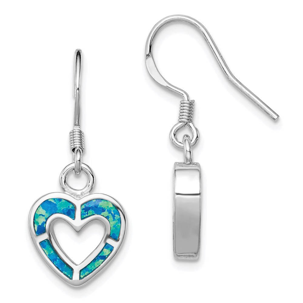 10mm Blue Inlay Created Opal Heart Dangle Earrings in Sterling Silver, Item E10610 by The Black Bow Jewelry Co.