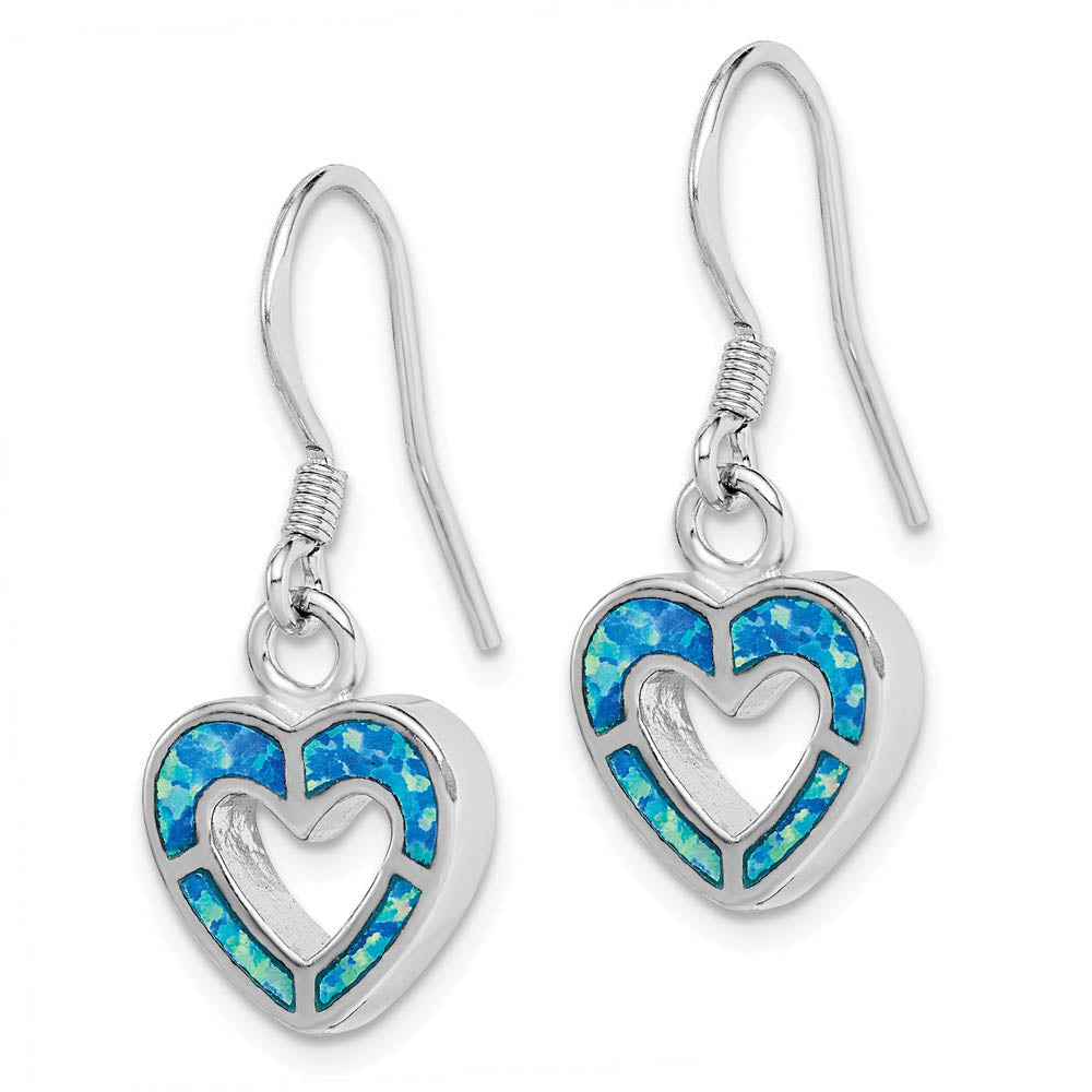 Alternate view of the 10mm Blue Inlay Created Opal Heart Dangle Earrings in Sterling Silver by The Black Bow Jewelry Co.