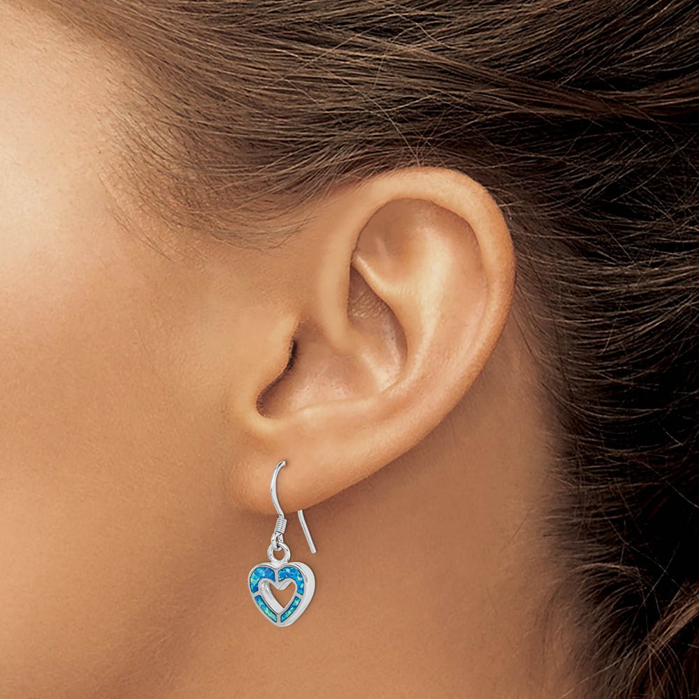 Alternate view of the 10mm Blue Inlay Created Opal Heart Dangle Earrings in Sterling Silver by The Black Bow Jewelry Co.