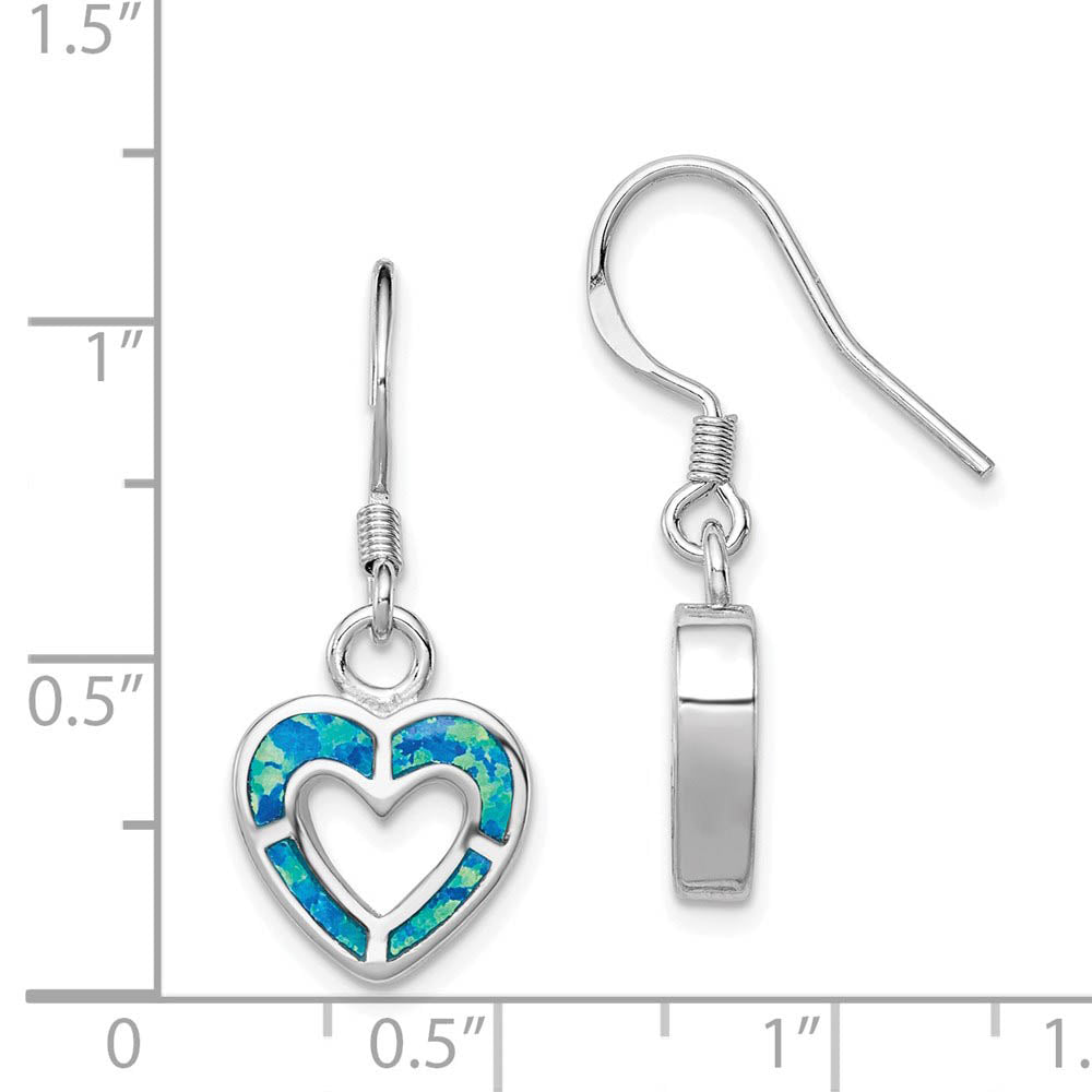 Alternate view of the 10mm Blue Inlay Created Opal Heart Dangle Earrings in Sterling Silver by The Black Bow Jewelry Co.
