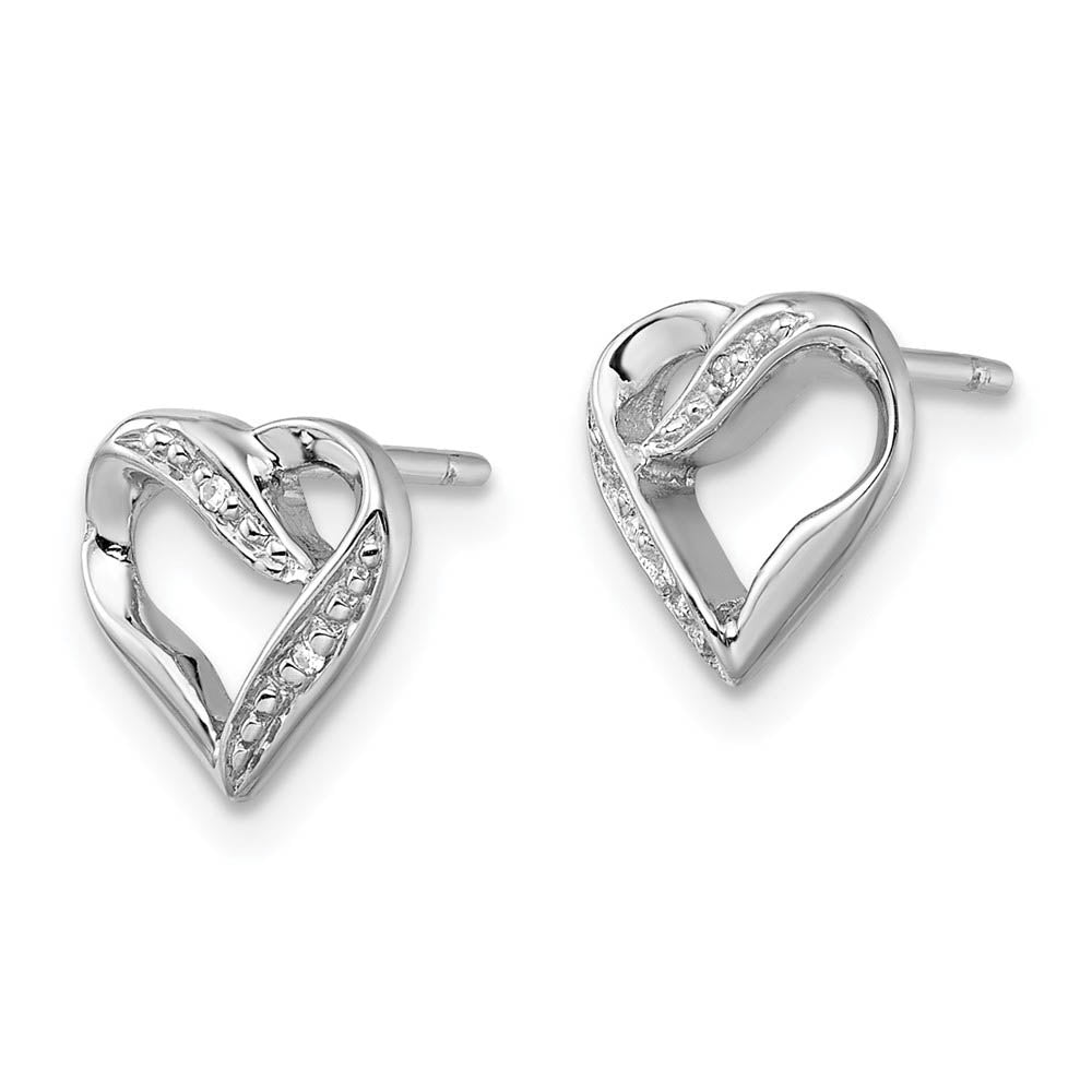 Alternate view of the 10mm Diamond Ribbon Heart Post Earrings in Sterling Silver by The Black Bow Jewelry Co.