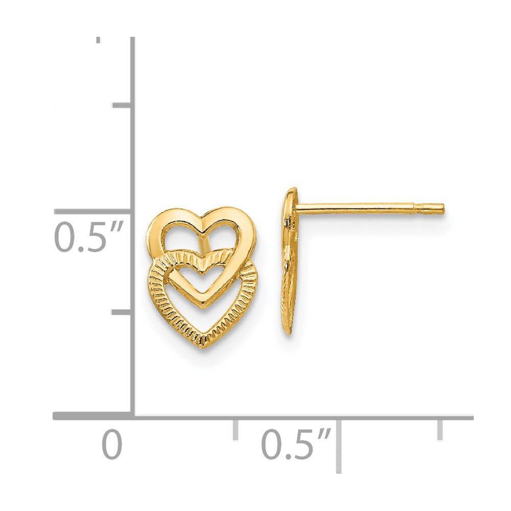 Alternate view of the Small Stacked Open Hearts Post Earring in 14k Yellow Gold by The Black Bow Jewelry Co.
